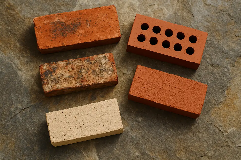 Różne rodzaje cegieł zbliżenie na różnice w fakturze i kolorze.