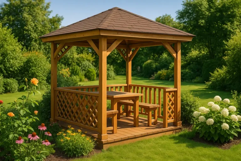 Ile kosztuje budowa altany ogrodowej? Przewodnik dla właścicieli ogródów 9 Altana ogrodowa z pięknym otoczeniem.