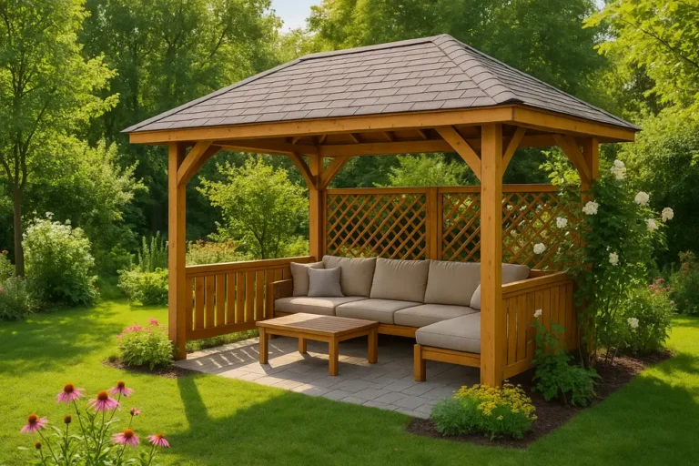 Ile kosztuje budowa altany? Przewodnik po kosztach i materiałach 2 Altana w ogrodzie otoczona zielenią, która zachęca do relaksu.