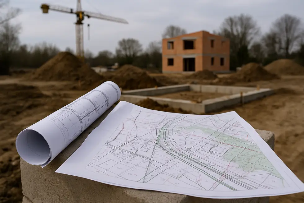 Plac budowy z widocznymi planami budowlanymi oraz mapą geodezyjną.