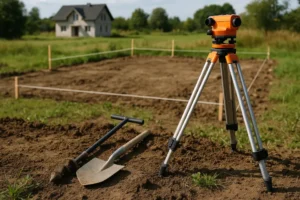 Działka budowlana z narzędziami geotechnicznymi na pierwszym planie.