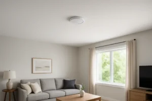 A modern living room with a beautifully painted ceiling.