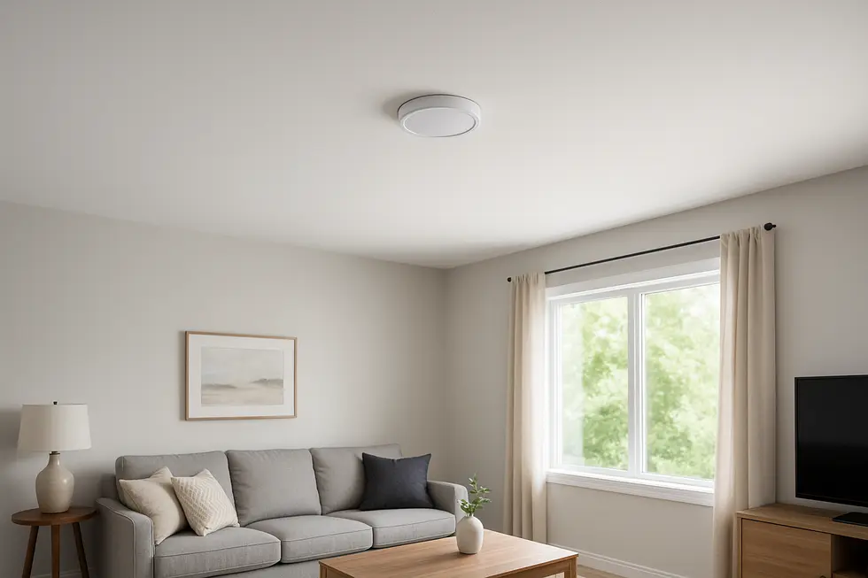 A modern living room with a beautifully painted ceiling.