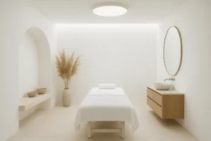 Wnętrze spa z białymi ścianami i naturalnymi akcentami.