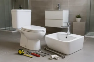 Różnorodne urządzenia do białego montażu w stylowej łazience.