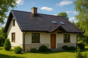 Panoramiczny widok na dom z nowym dachem blachodachówką w słonecznym otoczeniu.