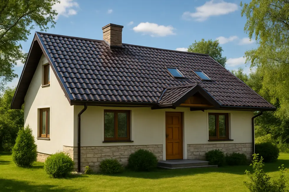 Panoramiczny widok na dom z nowym dachem blachodachówką w słonecznym otoczeniu.