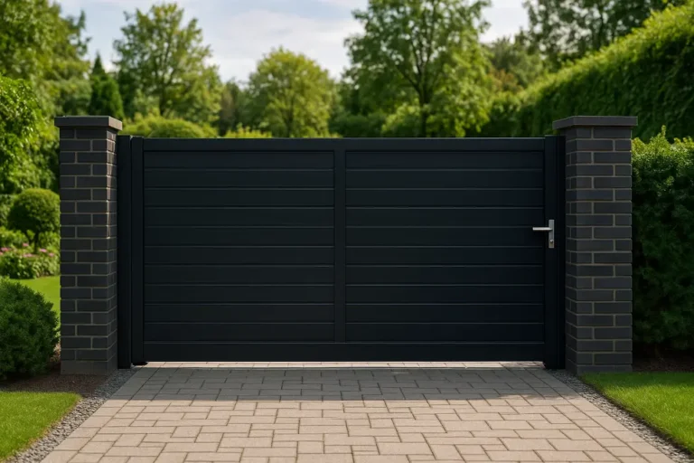 Zdjęcie przedstawiające nowoczesną bramę wjazdową w stylowym ogrodzie.