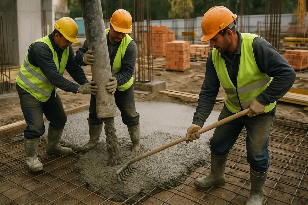 Robotnicy na placu budowy wylewający beton, z otoczeniem materiałów budowlanych.