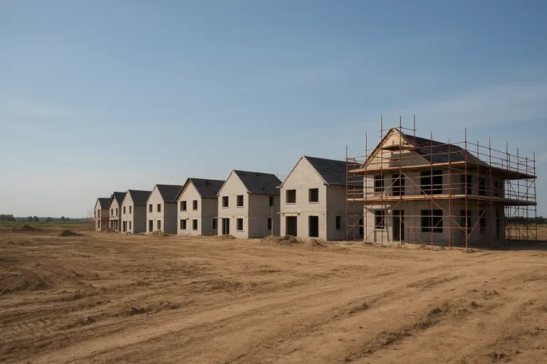 Koszt stanu deweloperskiego: Co musisz wiedzieć przed zakupem domu 6 Panoramiczny widok placu budowy, symbolizujący możliwości związane z budową domu.