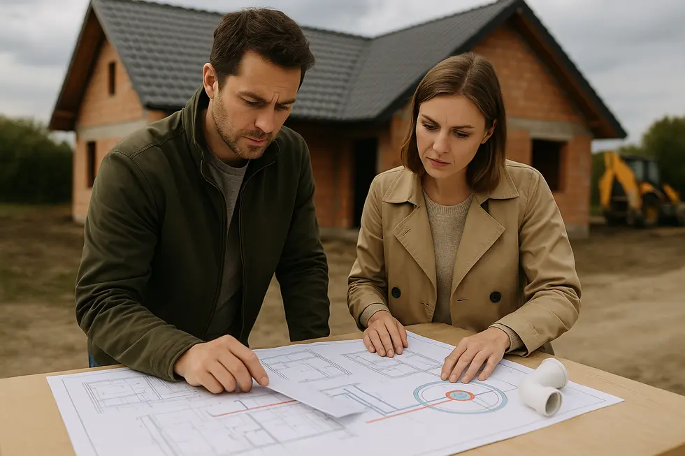 Wizualizacja procesu budowy domu z naciskiem na planowanie przyłączy.