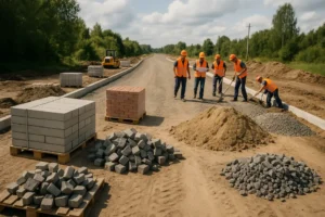 Plac budowy drogi dojazdowej, przedstawiający zespół pracowników i materiałów budowlanych wokół.