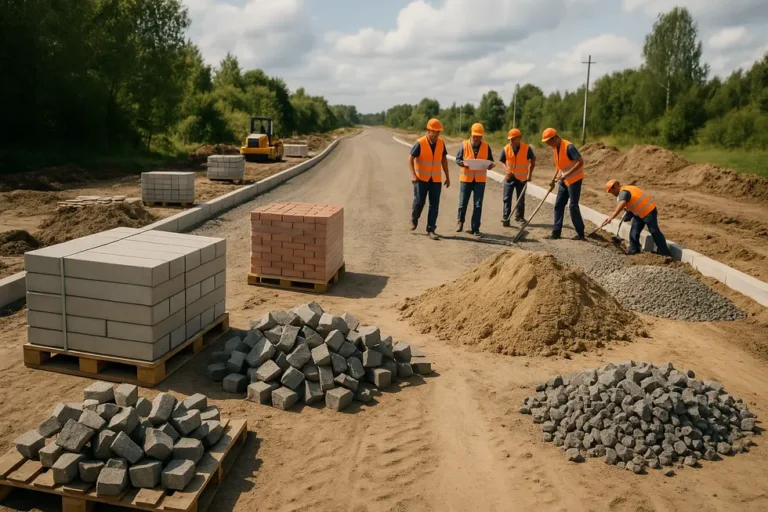 Ile kosztuje budowa drogi dojazdowej? Przewodnik dla inwestorów 10 Plac budowy drogi dojazdowej, przedstawiający zespół pracowników i materiałów budowlanych wokół.