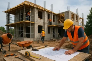 Ekipa budowlana pracująca nad projektem budowlanym.