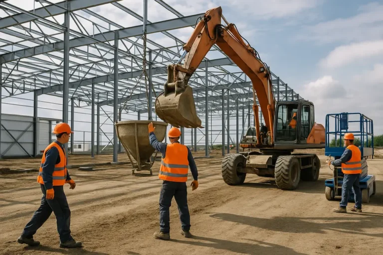 Koszt Budowy Magazynu: Przewodnik dla Firm 11 Wizualizacja budowy magazynu z nowoczesną stalową konstrukcją i ekipą budowlaną.