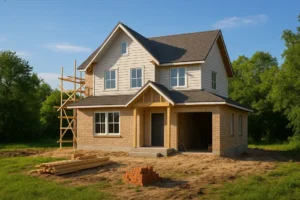 A nearly completed house surrounded by nature, symbolizing a dream home.