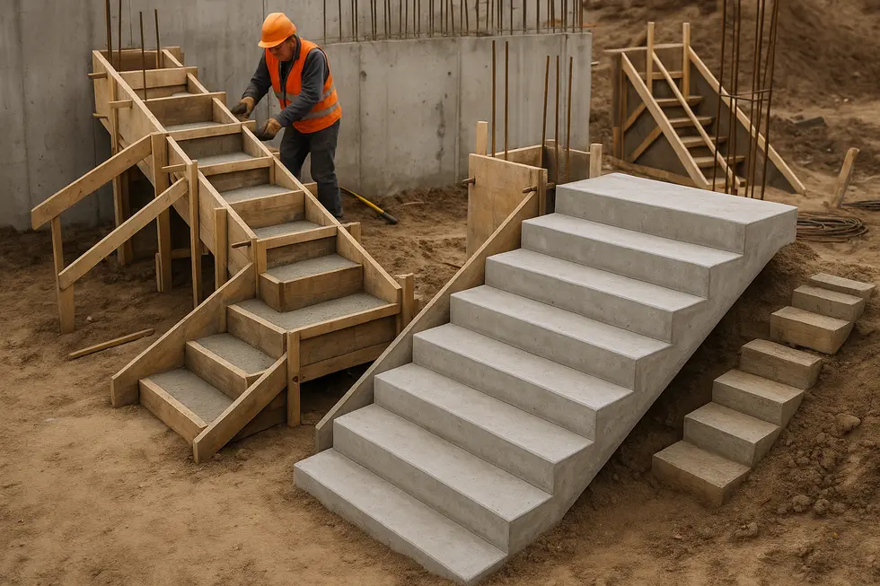 Kilka rodzajów schodów betonowych w trakcie budowy.