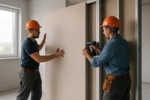 Ekipa budowlana montująca ściankę działową w nowoczesnym pomieszczeniu.