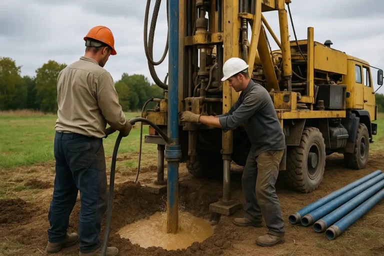 Ile kosztuje budowa studni? Przewodnik dla inwestorów 3 Pracownicy budujący studnię głębinową w terenie.