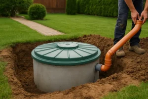 Estetyczne, funkcjonalne szambo umiejscowione w ogrodzie.