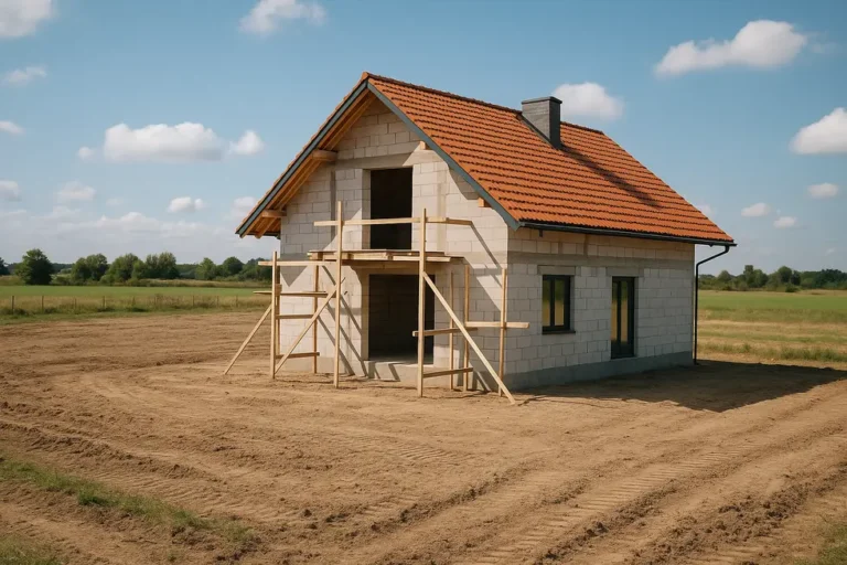 Ile kosztuje pozwolenie na budowę? Praktyczny przewodnik dla inwestorów 10 Widok na działkę, na której widać postęp w budowie domu.