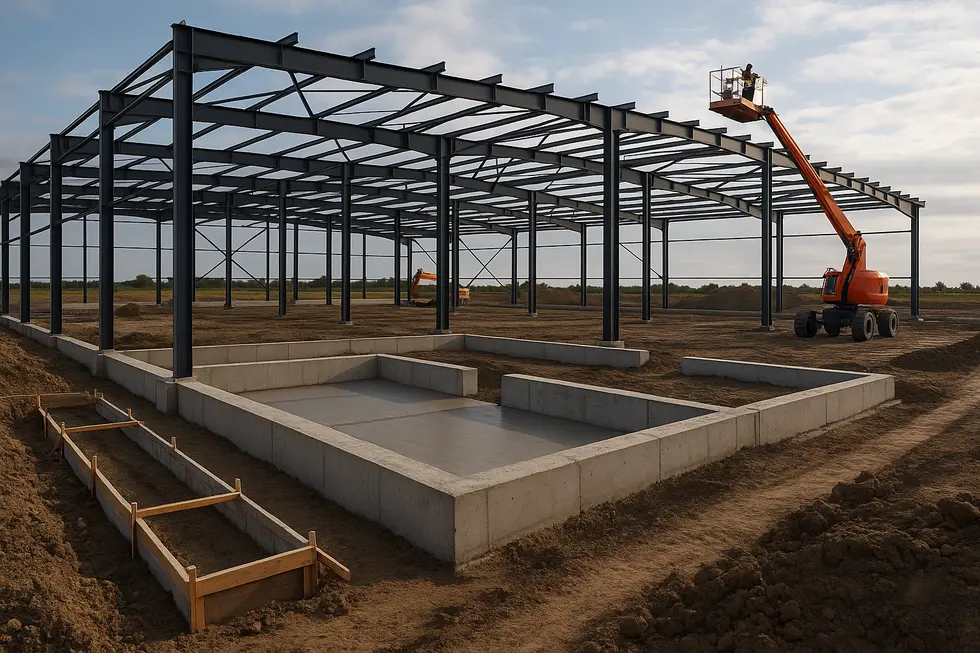 Proces budowy hali stalowej przedstawiający różne etapy jakie przechodzi budynek.