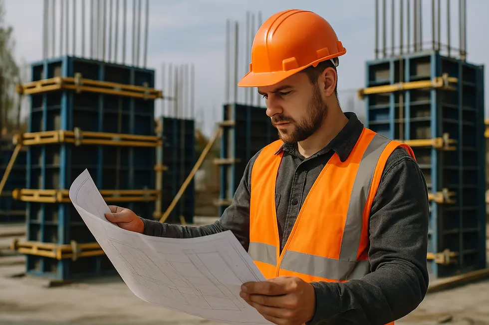 Pracownik budowlany przeglądający plany z szalunkami w tle.