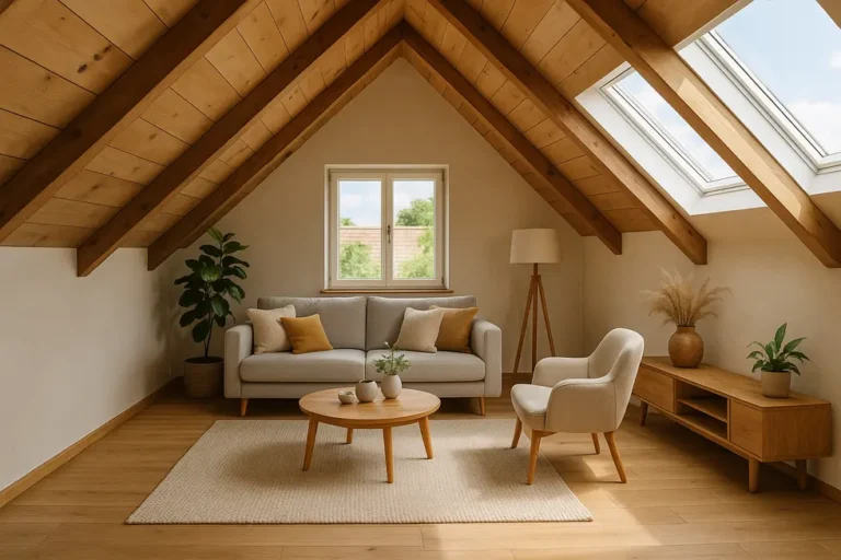 Ile kosztuje adaptacja strychu? Praktyczny przewodnik dla właścicieli domów 5 Cozy renovated attic space featuring bright decor and inviting ambiance.