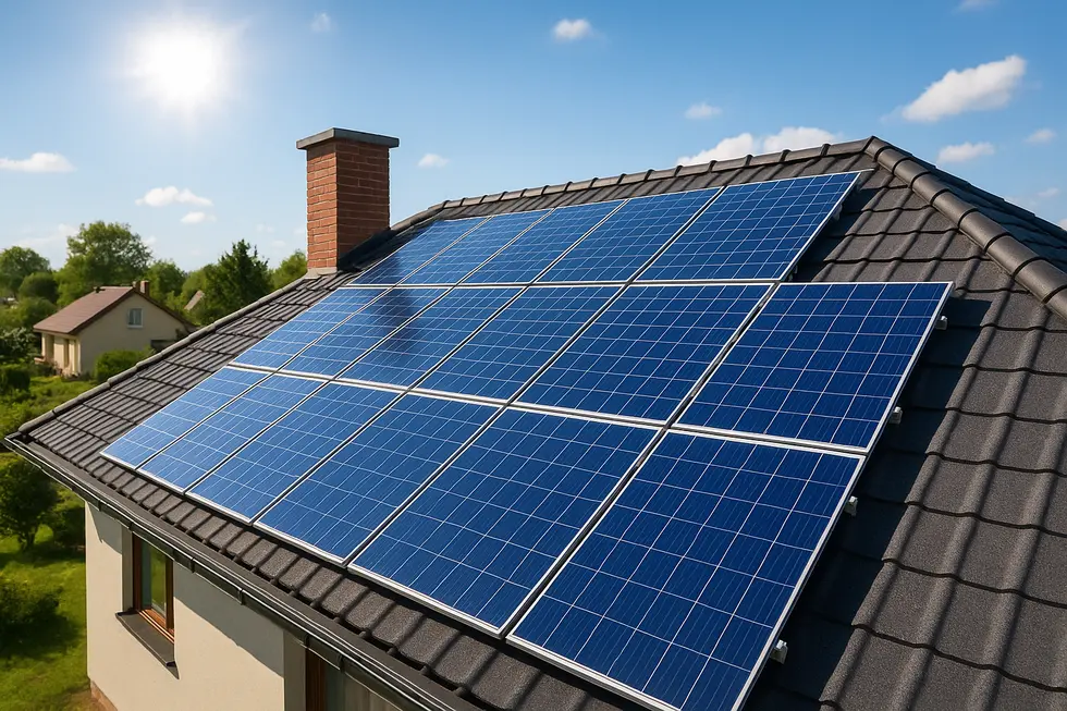 Panele fotowoltaiczne na dachu w świetle słonecznym, ilustrujące tematykę instalacji fotowoltaicznych.