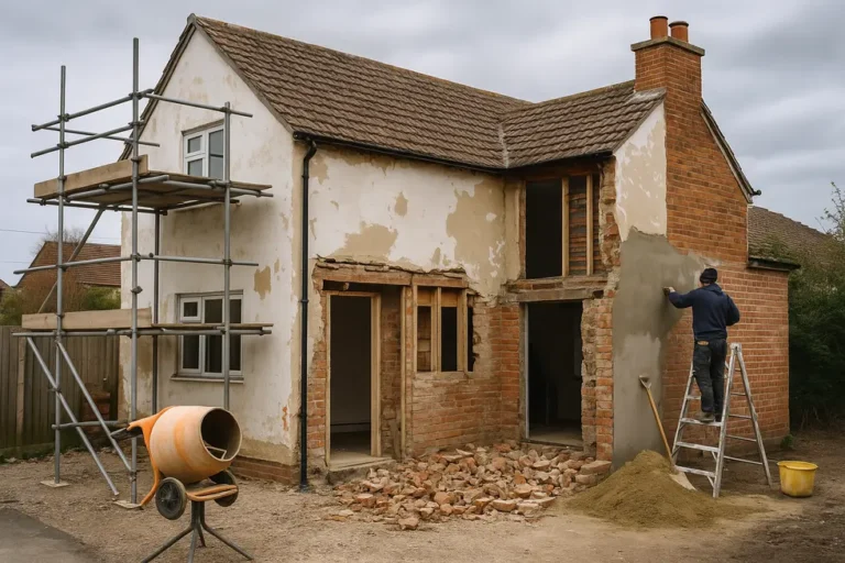 Ile kosztuje przebudowa domu: Przewodnik dla właścicieli 12 Dom w trakcie przebudowy, przedstawiający różnorodne prace budowlane.