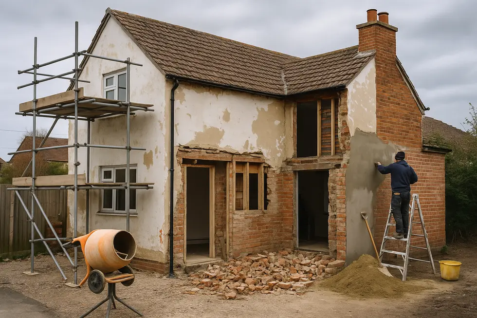 Dom w trakcie przebudowy, przedstawiający różnorodne prace budowlane.