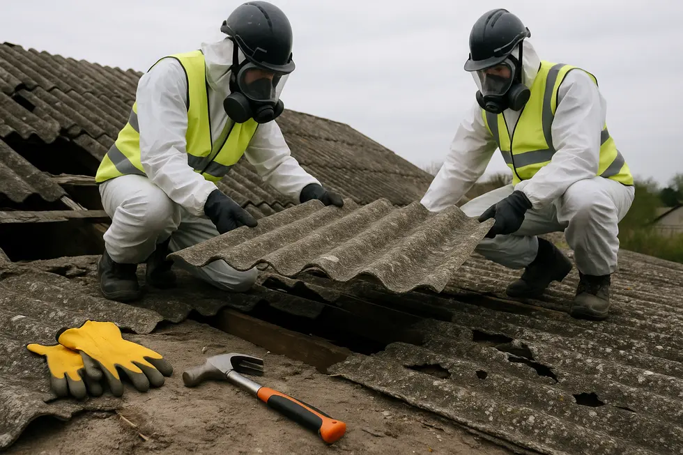 Pracownicy demontujący eternit na dachu w odpowiednich zabezpieczeniach.