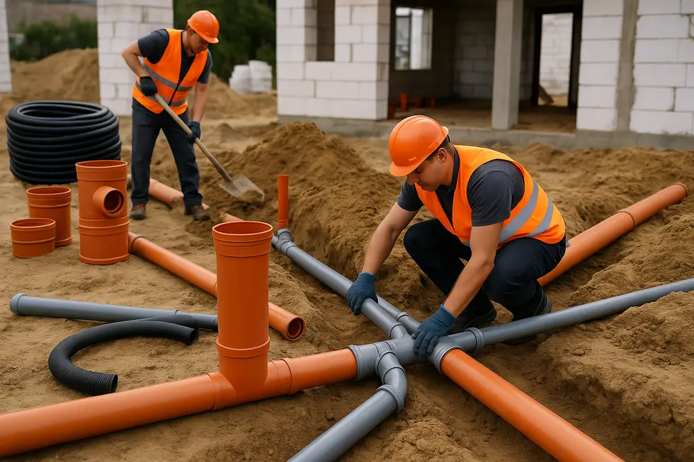 Widok na plac budowy, gdzie instalowane są rury wodno-kanalizacyjne.