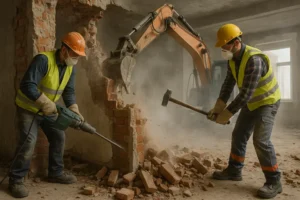 Construction workers demolishing a load-bearing wall, illustrating the challenges and processes involved in such renovations.