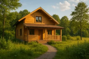 Piękny drewniany dom położony wśród zieleni, symbolizujący ekologiczną budowę.