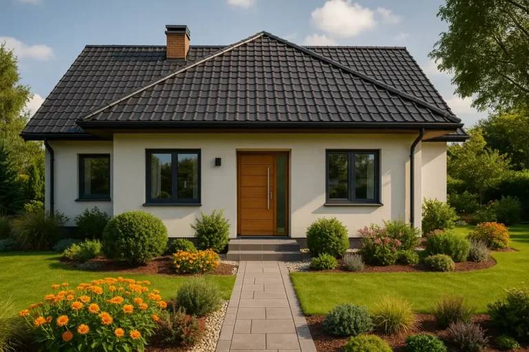 Koszt Budowy Domu: Ile Zapłacisz za 100 m² w 2025 Roku? 7 Zewnętrzny widok domu jednorodzinnego 100 m², otoczonego zielonym ogrodem i piękną przyrodą.