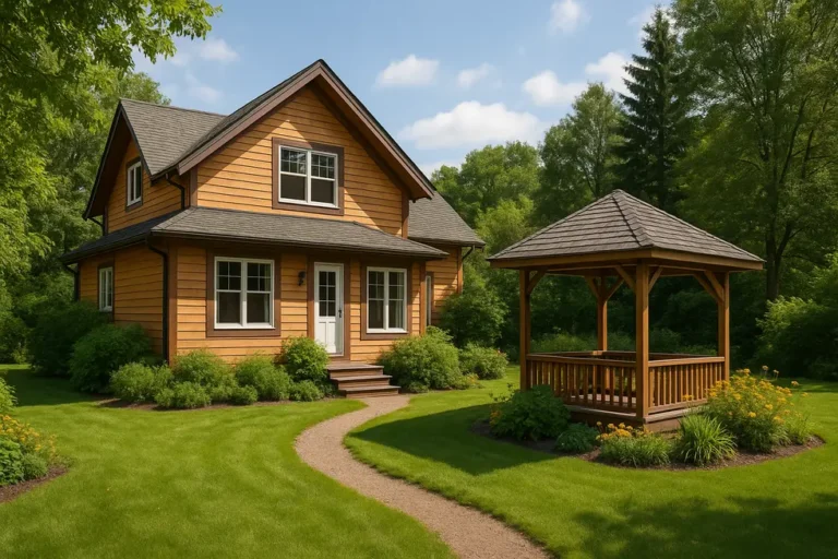 Koszt budowy domu kanadyjskiego – Przewodnik po cenach i standardach 3 Piękny dom kanadyjski z altaną w otoczeniu zieleni, ukazujący harmonię z naturą.