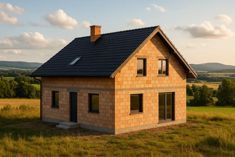 Futurystyczny dom murowany otoczony zielonym krajobrazem.