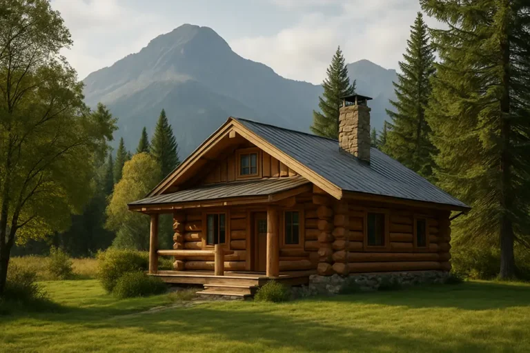 Koszt budowy domu z bali – co warto wiedzieć? 7 Scenic log cabin in a natural landscape, representing the charm of wooden homes.