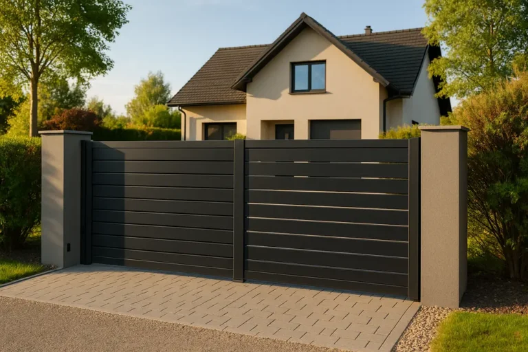 Krajobraz z domem i bramą wjazdową o nowoczesnym designie.