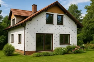 Dom z ociepleniem styropianowym, ogrodzony, otoczony zielenią, ilustrujący efektywną izolację.