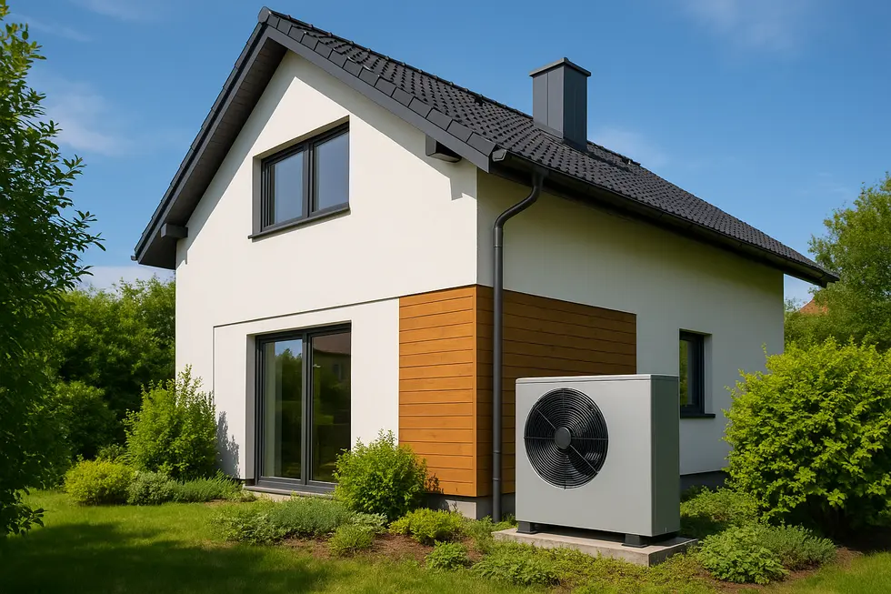 Dom o powierzchni 150 m² z zamontowaną pompą ciepła w tle.