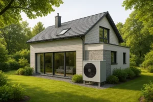 Widok na dom korzystający z gruntowej pompy ciepła w ekologicznej scenerii.