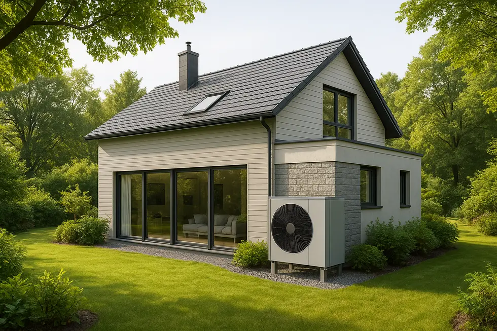 Widok na dom korzystający z gruntowej pompy ciepła w ekologicznej scenerii.