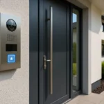 Wizualizacja nowoczesnego domu z domofonem na wejściu.