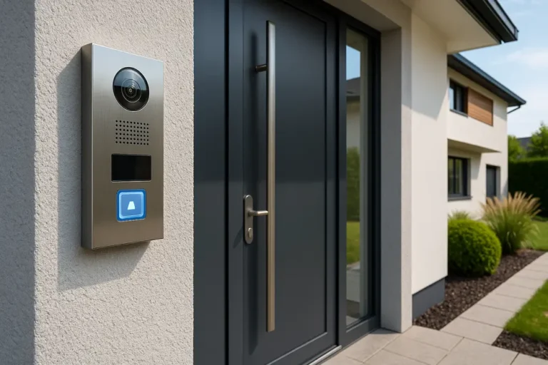 Jak wybrać domofon lub wideodomofon do naszego domu 4 Wizualizacja nowoczesnego domu z domofonem na wejściu.