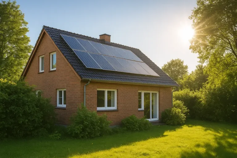 Widok rodzinnego domu z kolektorami słonecznymi, podkreślający korzyści z inwestycji w OZE.