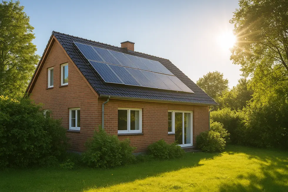 Widok rodzinnego domu z kolektorami słonecznymi, podkreślający korzyści z inwestycji w OZE.