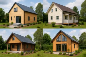 Wizualizacja różnorodnych stylów domów szkieletowych w Polsce, ukazująca ich unikalność.