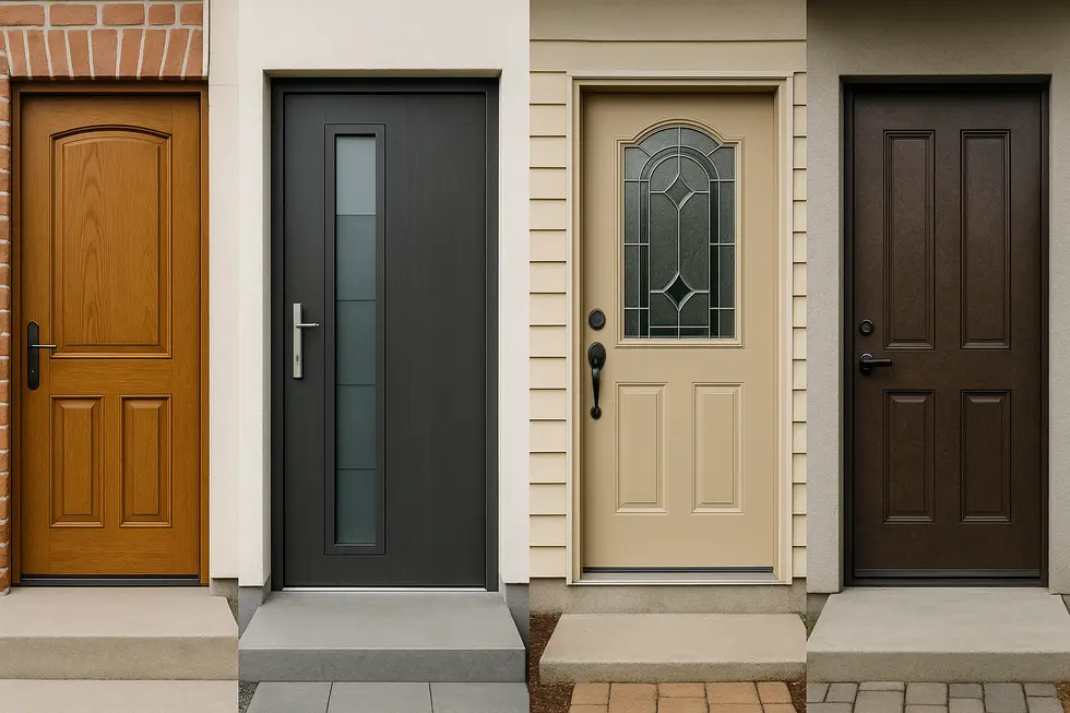 Ilustracja przedstawiająca różne rodzaje drzwi zewnętrznych, podkreślająca ich estetykę i funkcjonalność.